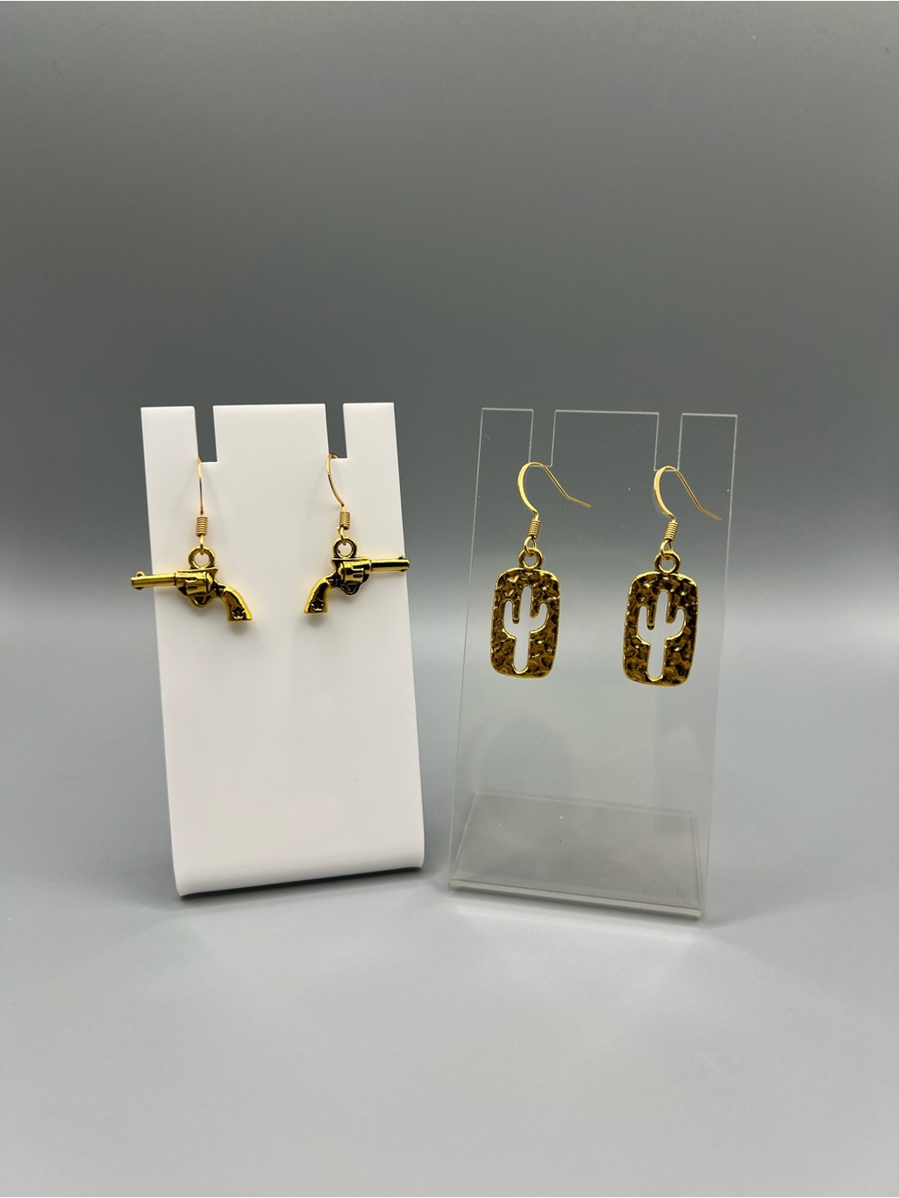 Gold Western Gun & Cactus Dangle Earrings Set - Handmade #E0154C